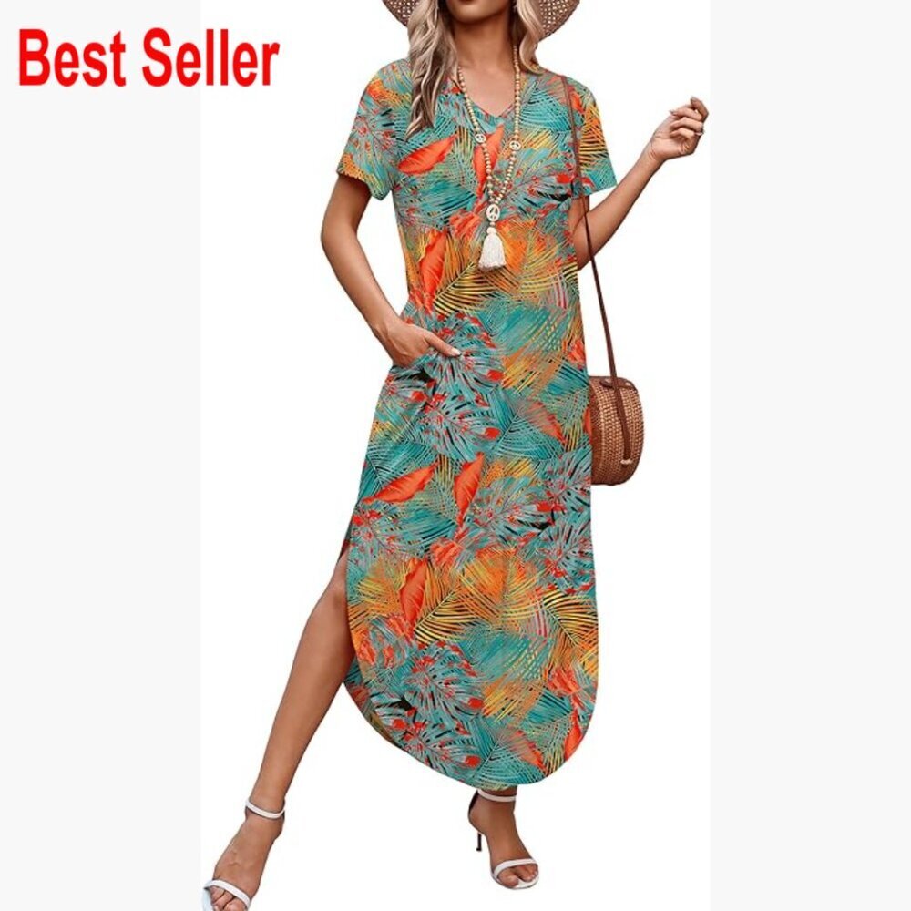 Polyester Blend Maxi Dress with Pockets V-Neck Short Sleeve Summer